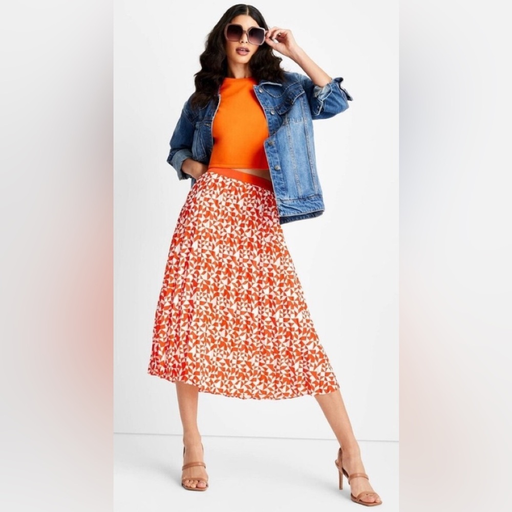 Future Collective Kahlana Barfield Brown Orange White Pleated Midi Skirt Size 4
